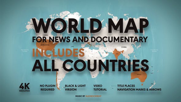 4K世界地图旅行导航路径线标题位置标记 World Map – For News and Documentary